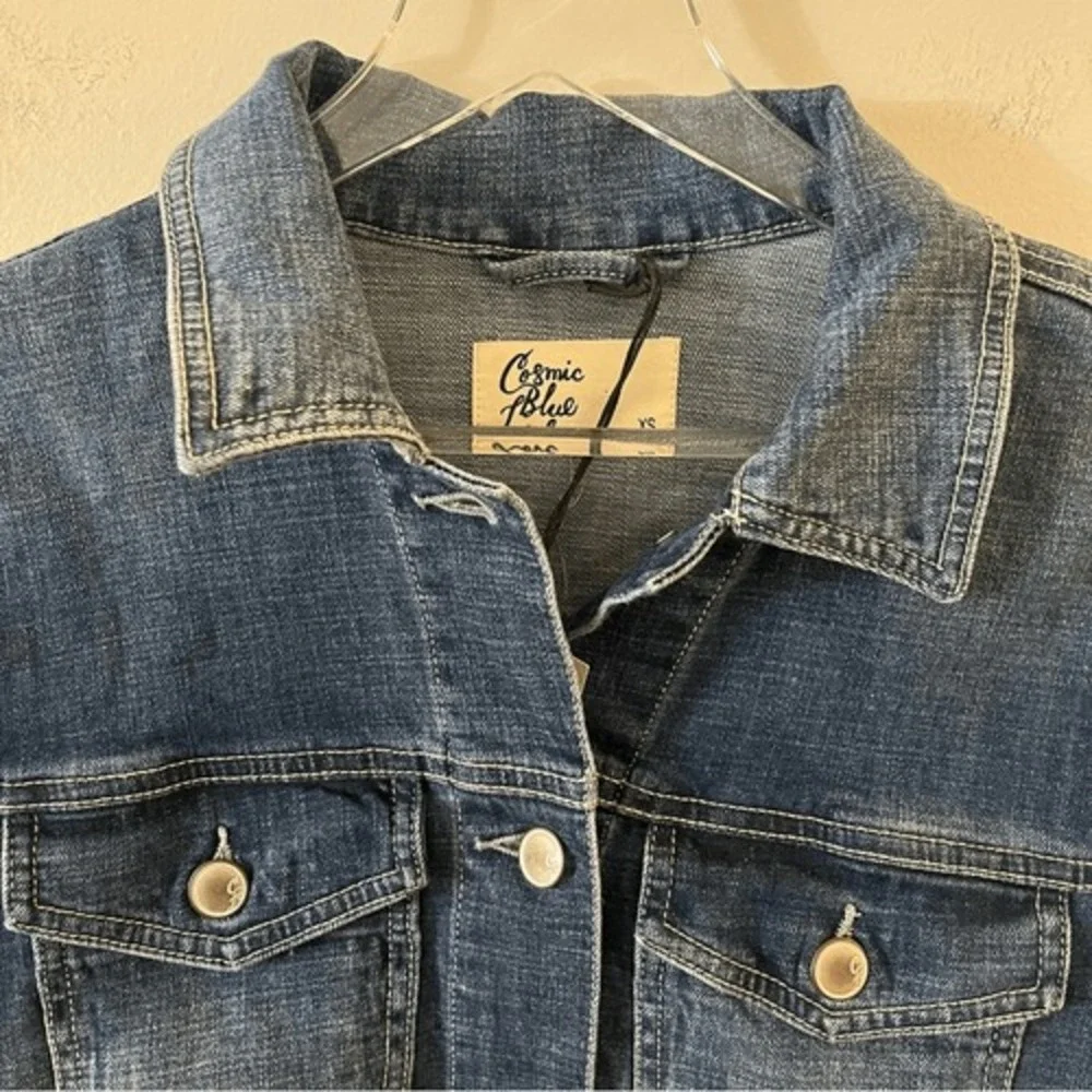 Cosmic Blue Love Luminary Denim‎ Jacket Medium Wash Button Front Classic Fit XS